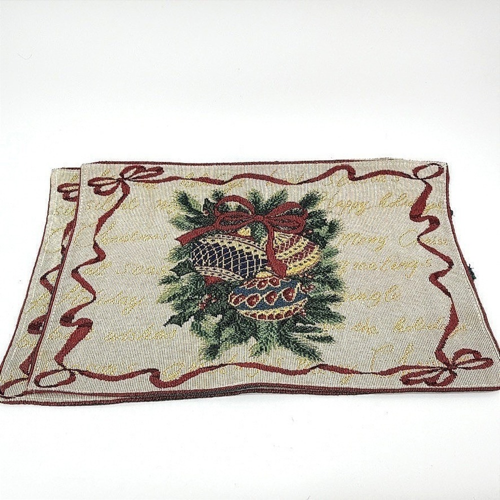 Christmas Holiday Placemats Set of 2 Tapestry Woven Ornaments Ribbon Table Decor